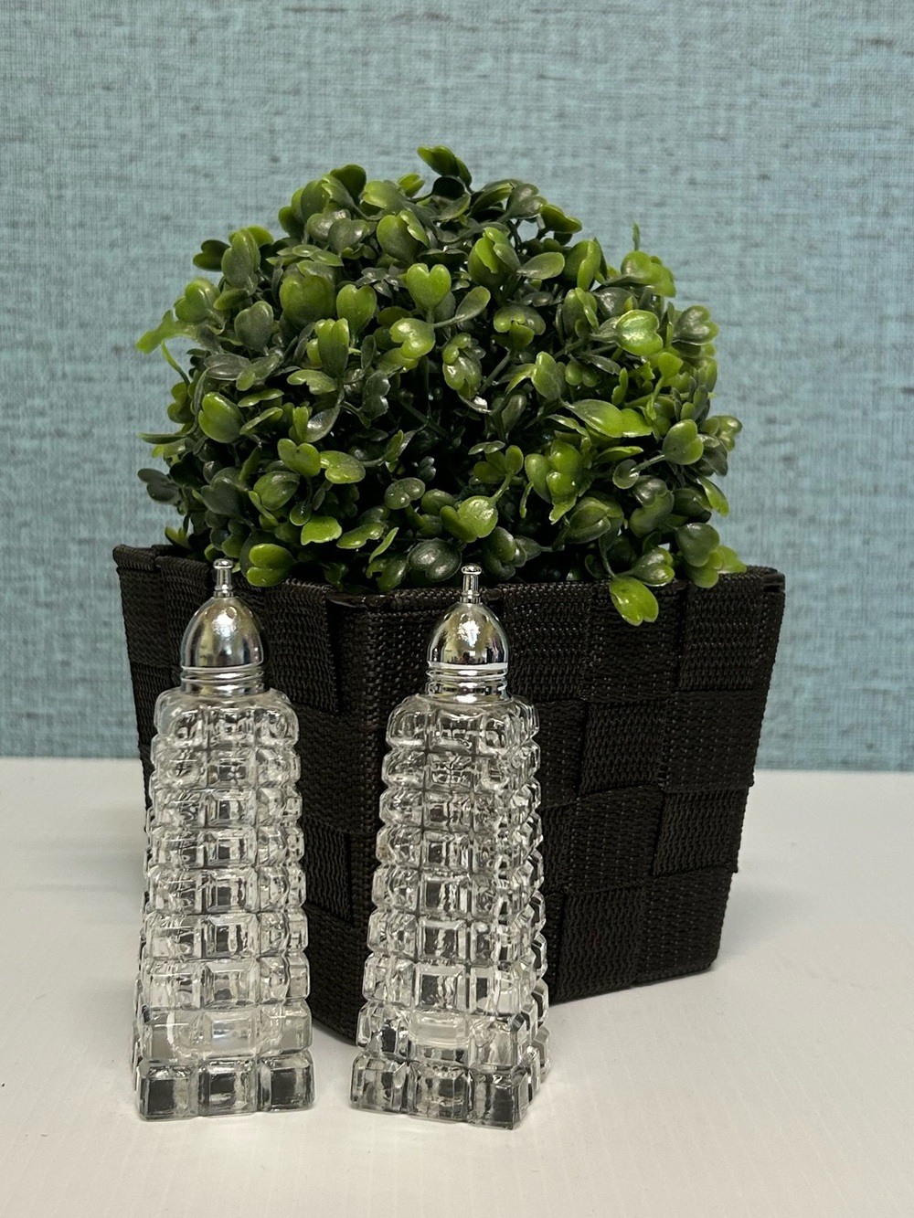 Mid Century Clear Glass Salt & Pepper Shakers Block Pattern Japan